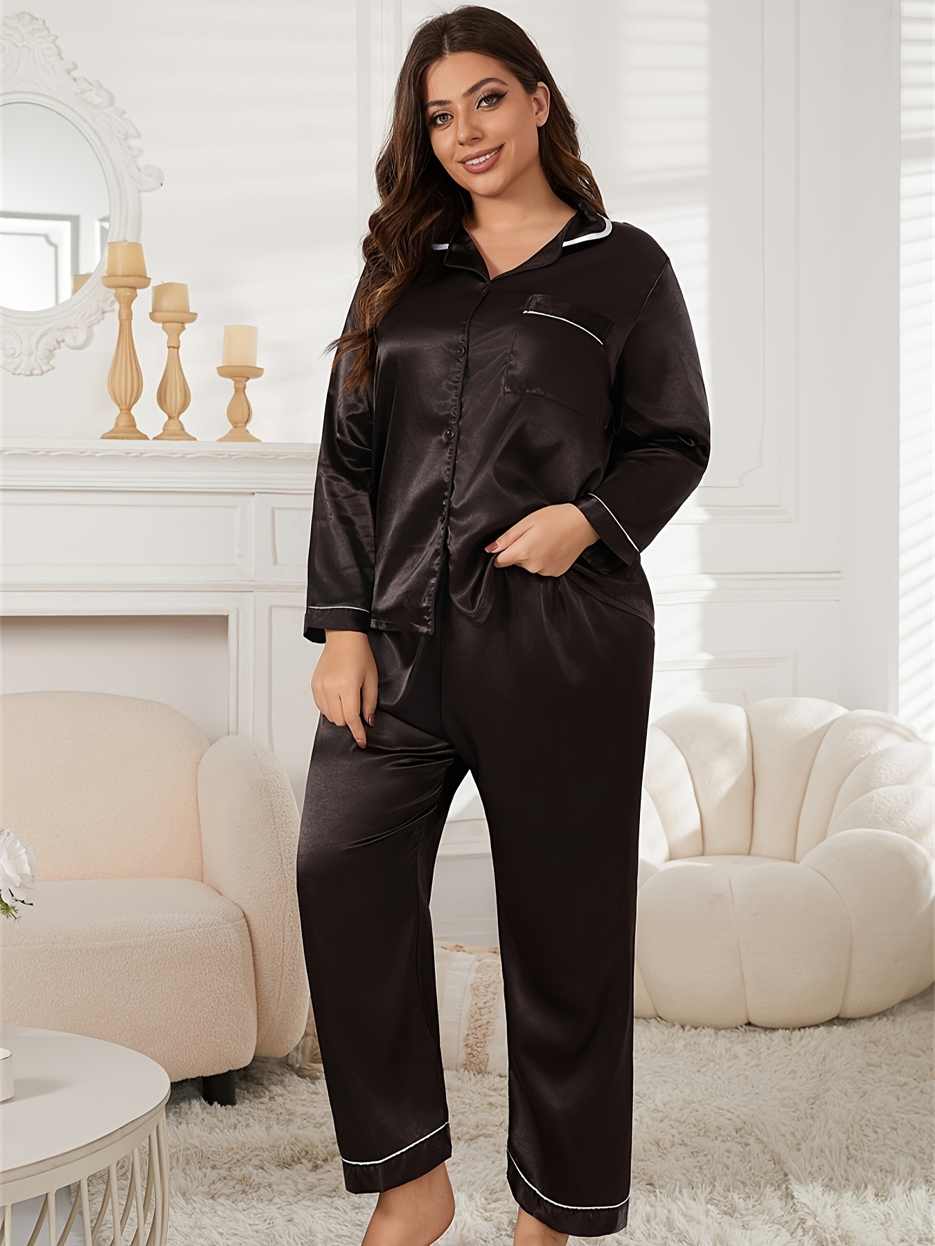 women's plus size satin pajama set black long sleeve lapel Temu