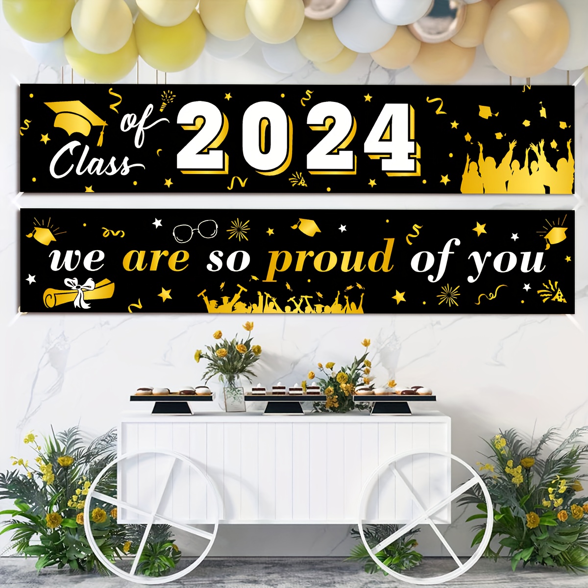 Abschlussfeier Hintergrund "We Are So Proud Of You" – 1,8x1,2 M, Polyester – Mit Schnur, Für Fotos & Deko