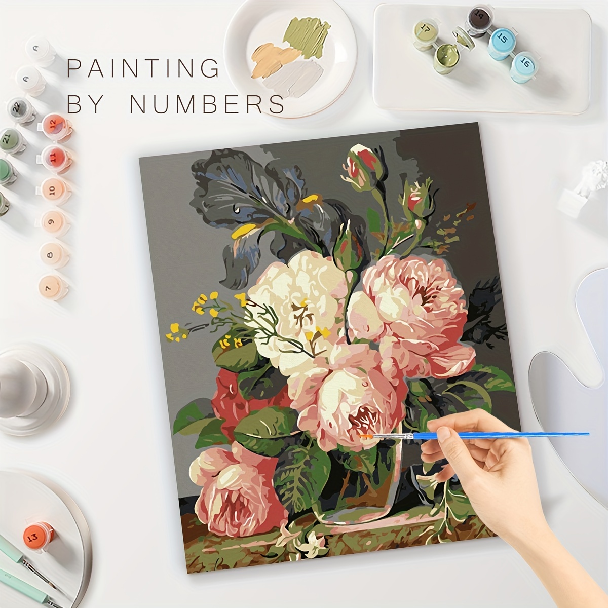 Flowers Paint by Numbers Kit for Adults, DIY Easy Acrylic Painting by Number Set with Brushes, Beginner Adult Arts Crafts Kits, Floral Home Wall