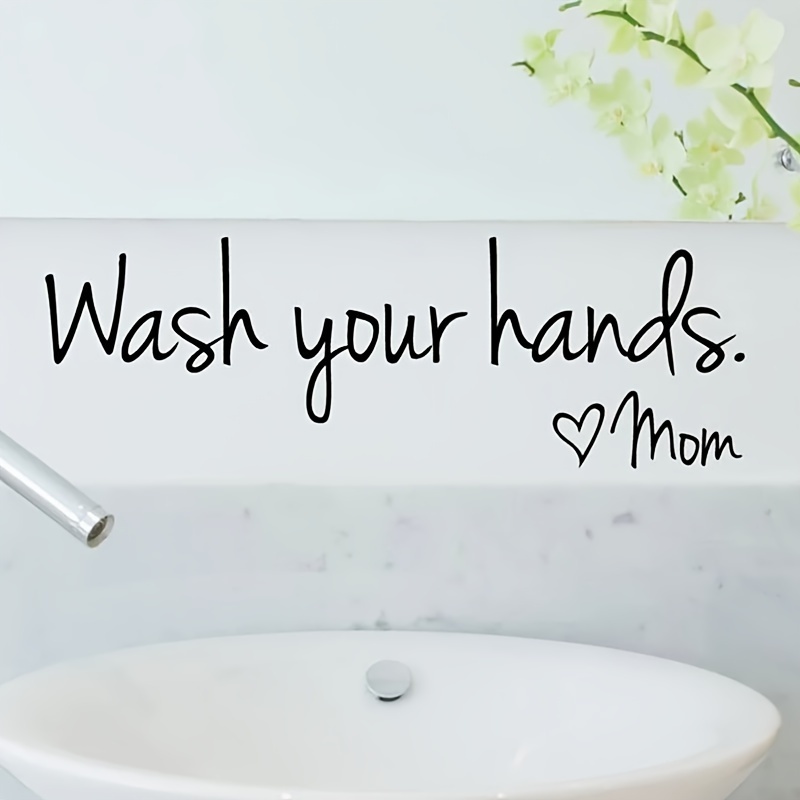 Image of 1pc "wash Your Hands, Love Mom" Waterproof Vinyl Wall Decal - Contemporary Cartoon Design, Easy-to-apply & Remove Bathroom Art Sticker, Semi-, Multi-surface Installation, Bathroom Decor