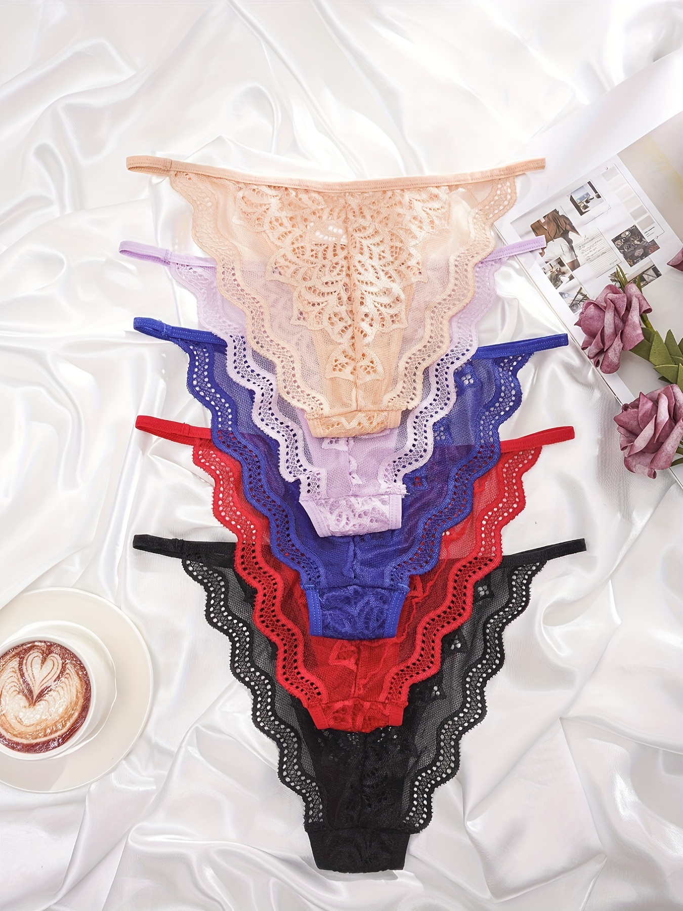 3pcs Floral Lace Briefs, Comfy & Breathable Scallop Trim Intimates Panties,  Women's Lingerie & Underwear