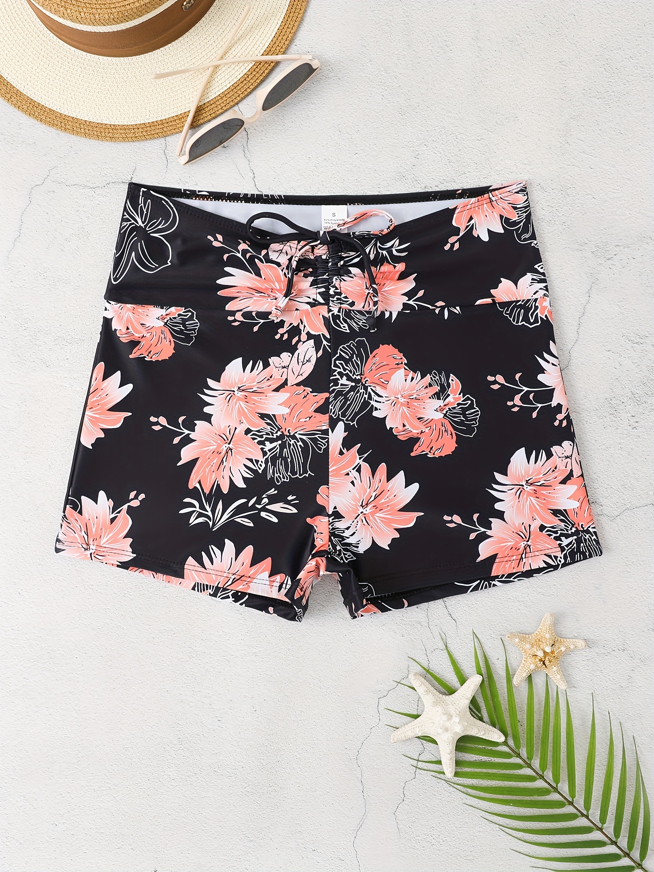 Floral Print Drawstring Waistband Trunks Bottoms, High Strech Black Stylish Swim Briefs, Women's Swimwear & Clothing