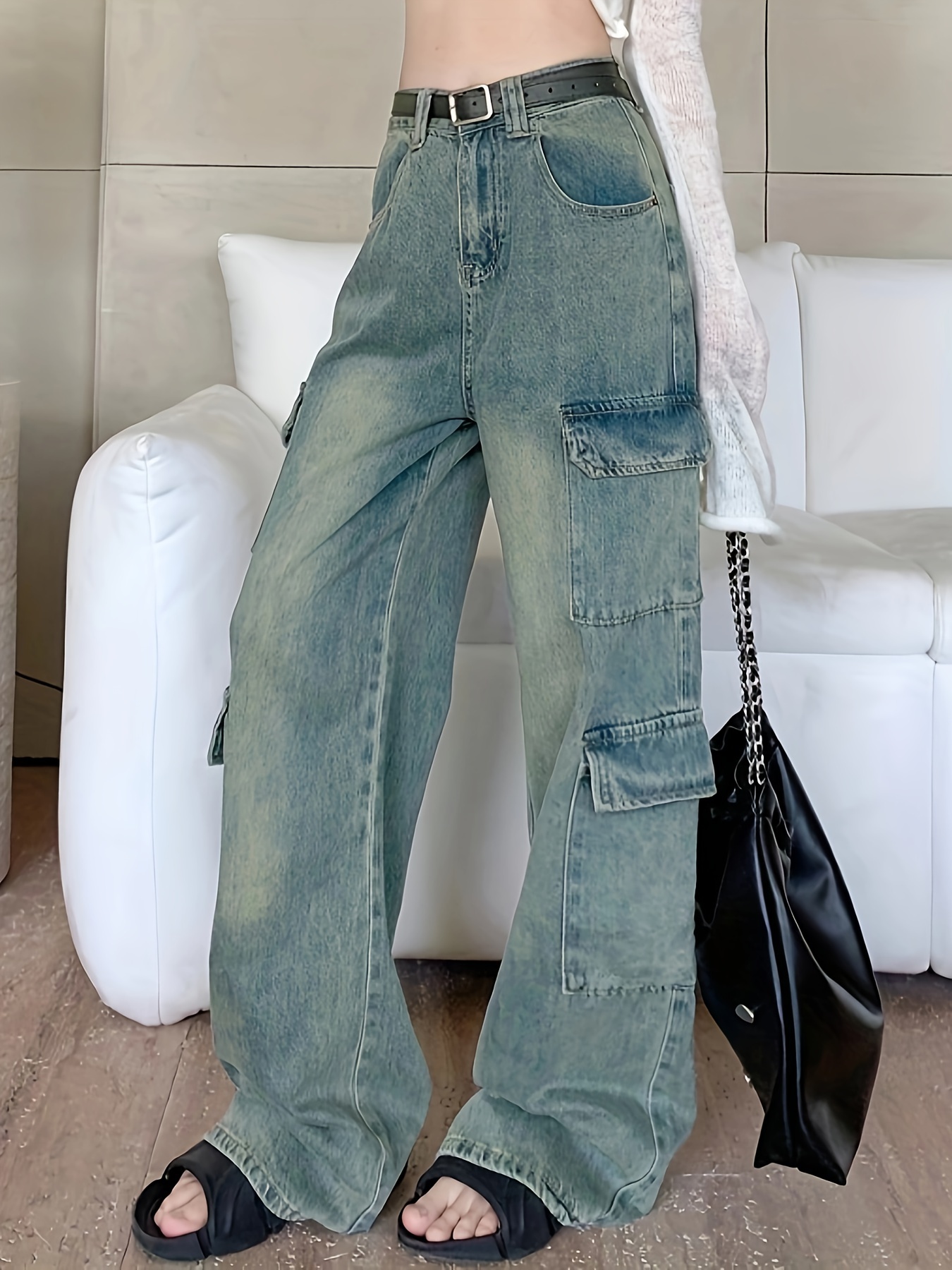 Multi Pocket Baggy Cargo Pants, High Waist Streetwear Y2k Style Fashion  Wide Leg Jeans, Women's Denim Jeans & Clothing