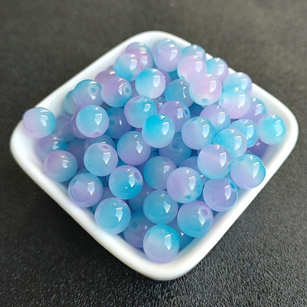 100Pcs Luminous Glass Beads 8mm Round Beads Glow Crystal Loose Beads with  Rope for DIY Craft Bracelet Jewelry Making(Sky Blue)