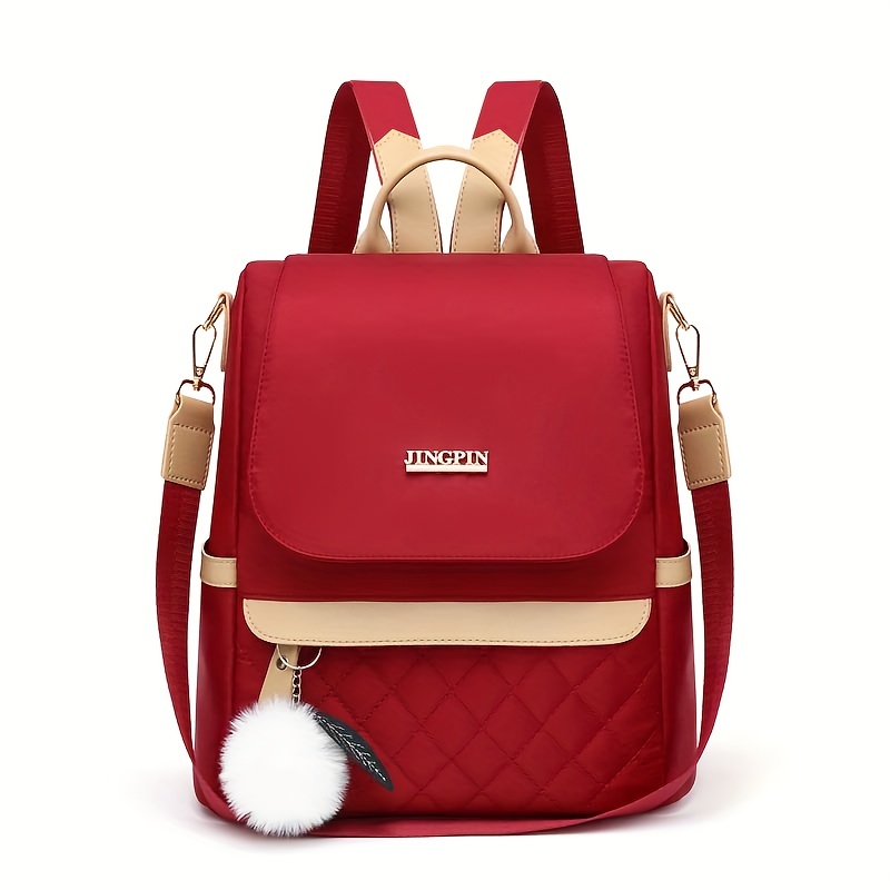 

Quilted Flap Backpack Purse, Women's Nylon Travel Shoulder Bag, Casual Pompom Decor Bookbag