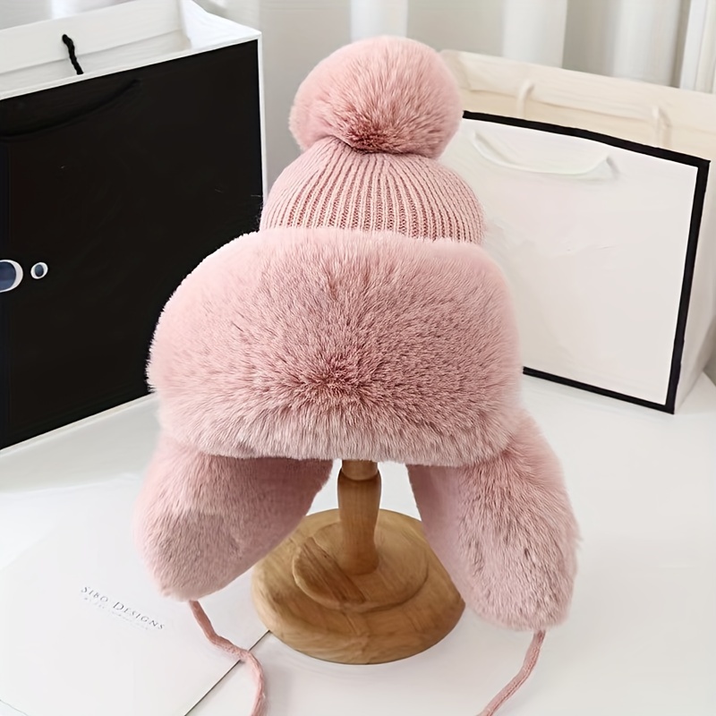 Winter Faux Fur Ear Flap Hat Thick Solid Color Bomber Hats - Temu