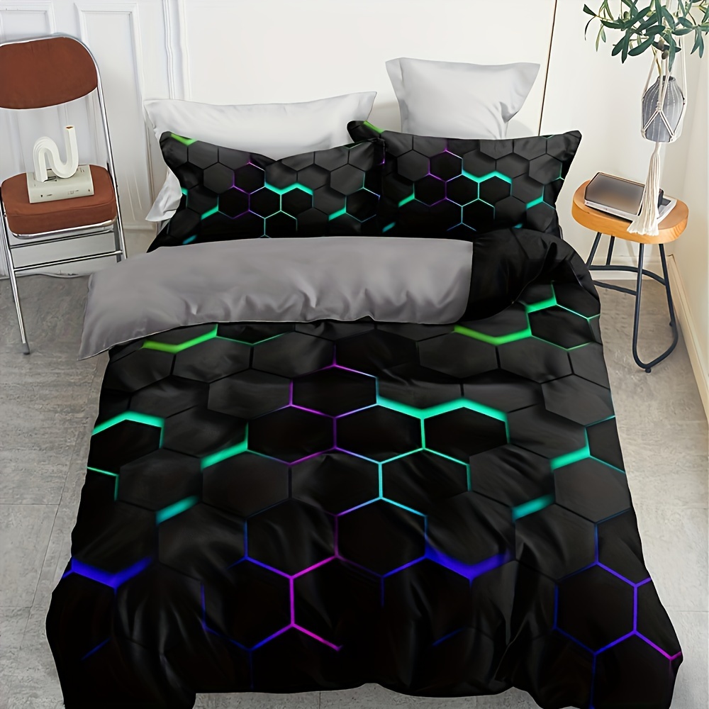 Image of 3pcs Soft And Comfortable Hexagon Print Duvet Cover Set For Bedroom And - Includes 1 Duvet Cover And 2 Pillowcases (core Not Included)
