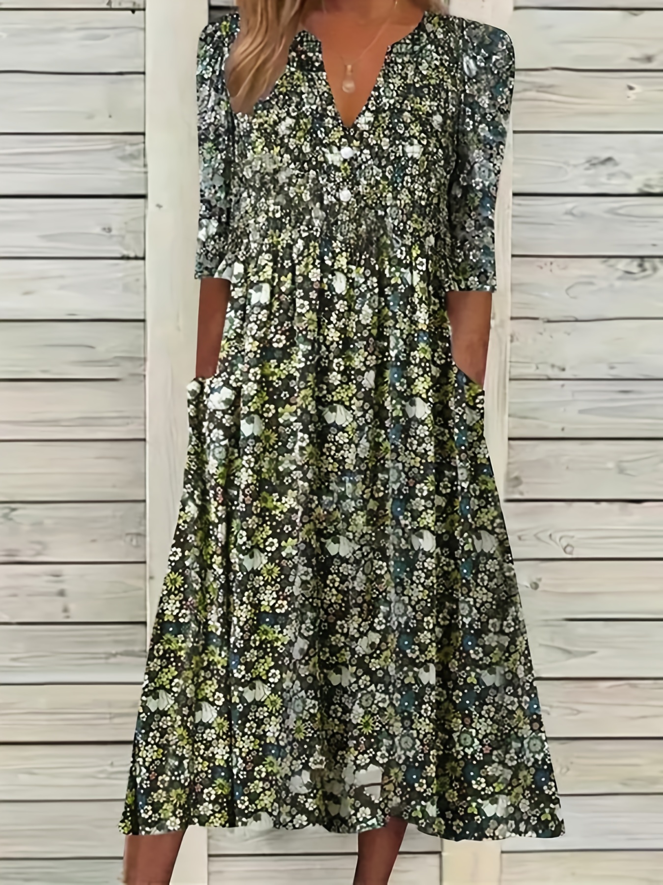 Ditsy Floral Print V Neck Dress Casual Ruched Summer Dress - Temu