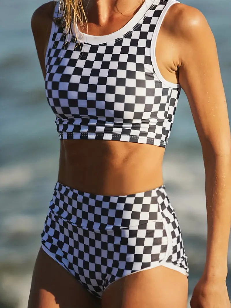 Black White Color Block Checkerboard Plaid Swimsuit Round - Temu
