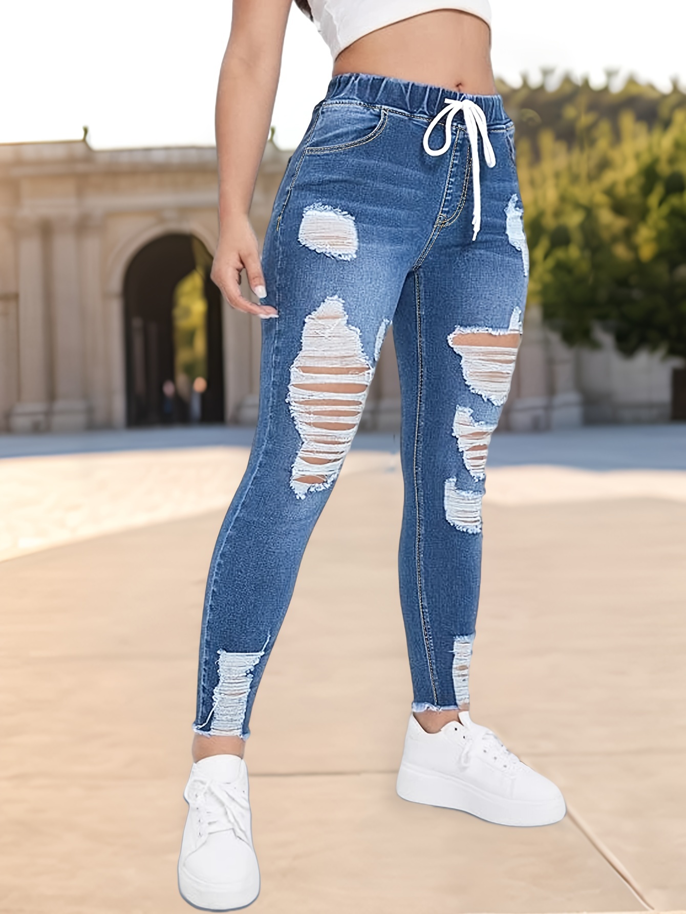 Drawstring Jeans Women Hole Stretch Jeans Ladies Plus Size Full