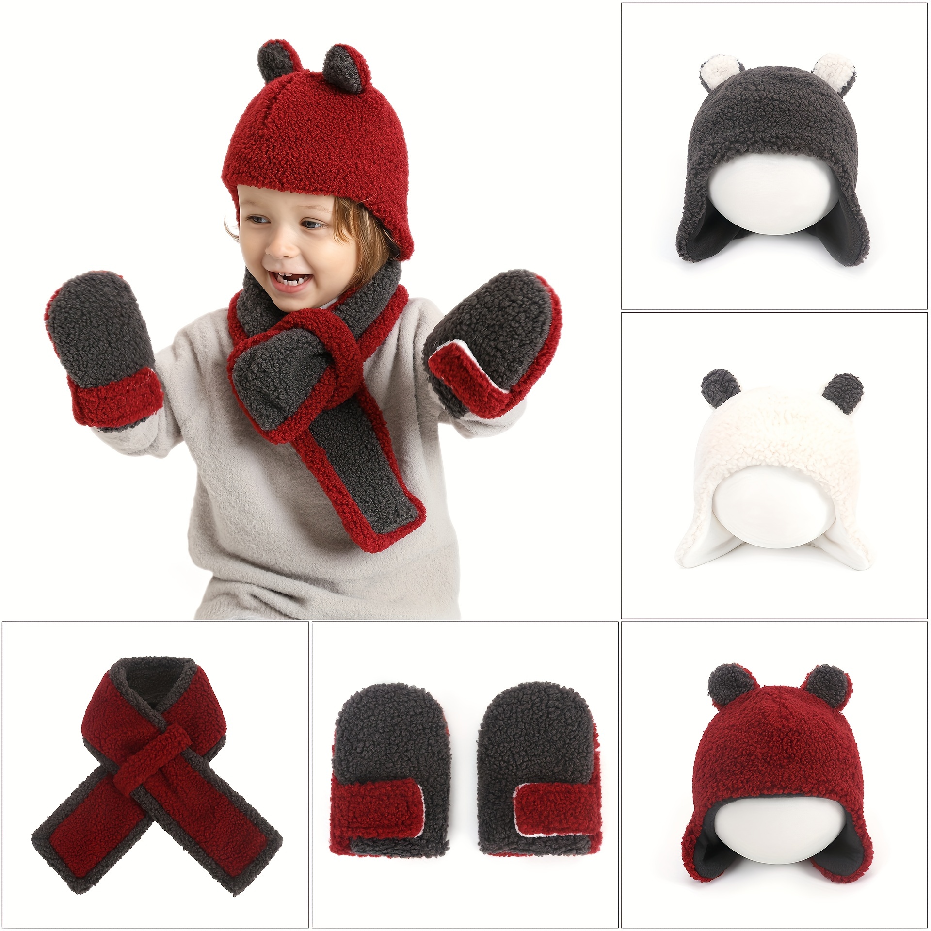 Acheter Ensemble chaud unisexe pour bébé ours, chapeau, écharpe,  cache-oreilles, en tricot, hiver