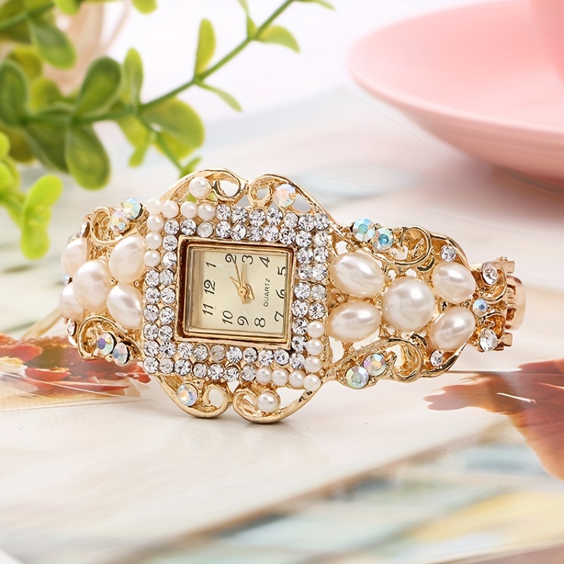 baroque square pointer quartz bracelet watch faux pearl rhinestone party dress bangle watch for daily life travel vacation details 0