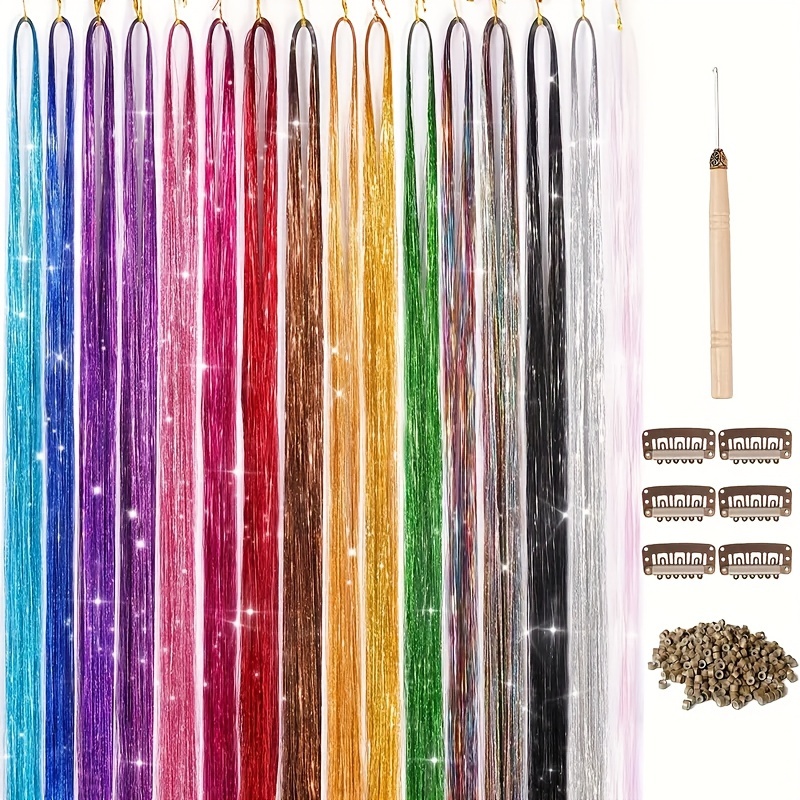 Hair Tinsel Kit With Tools 12 Colors 2400 Strands Hair - Temu
