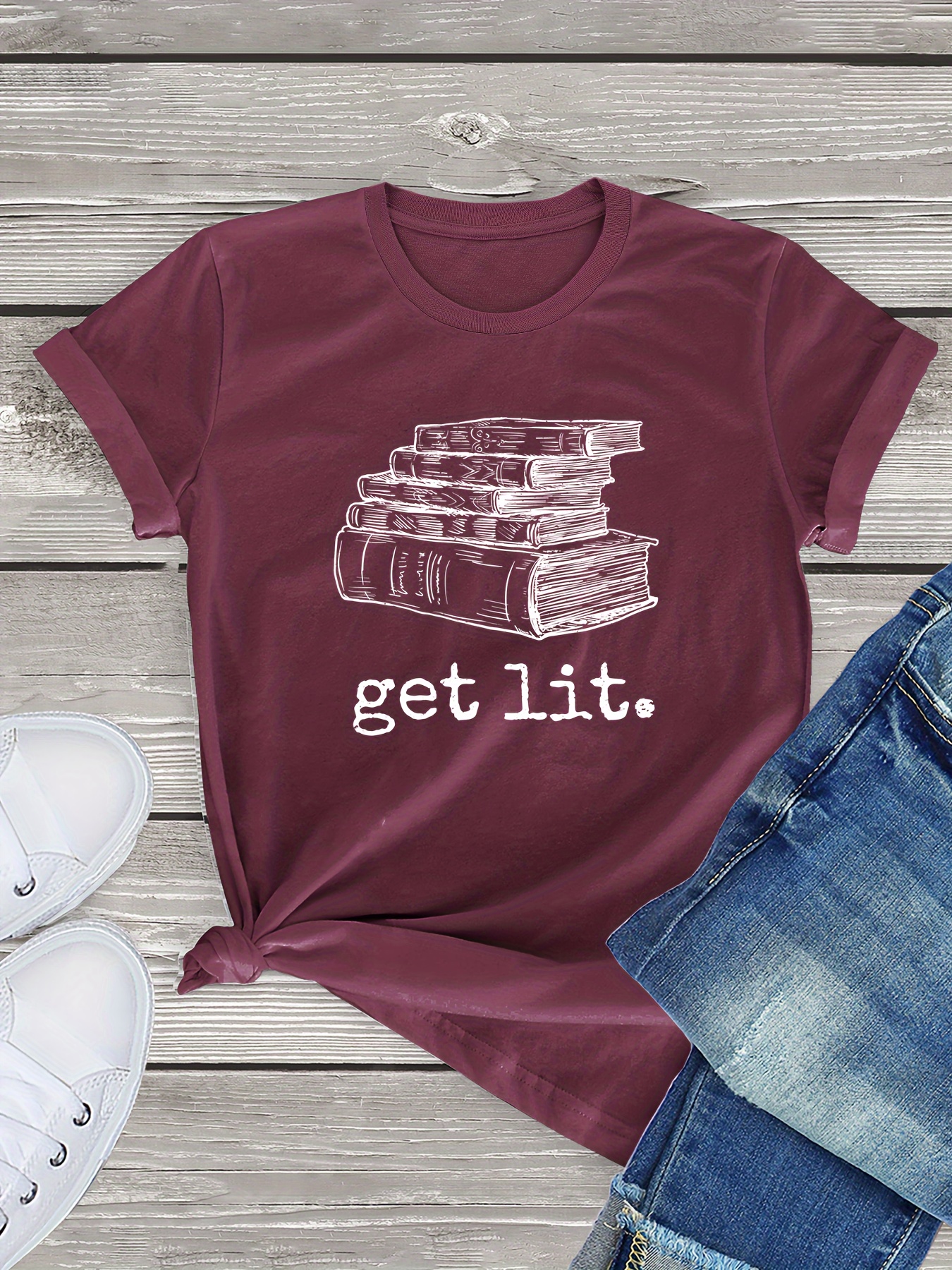 Get Lit With Books Print T-shirt, Casual Round Neck Short Sleeve T-shirt, Women's Clothing
