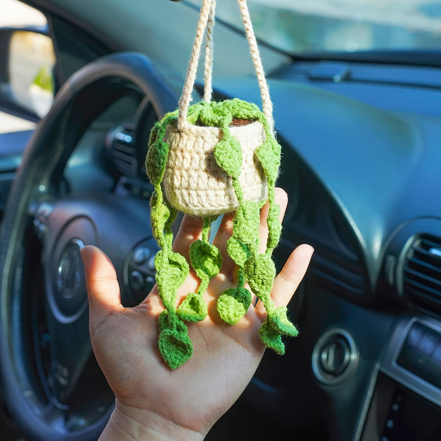 Cute Potted Plants Crochet Car Mirror Hanging Accessories for Car