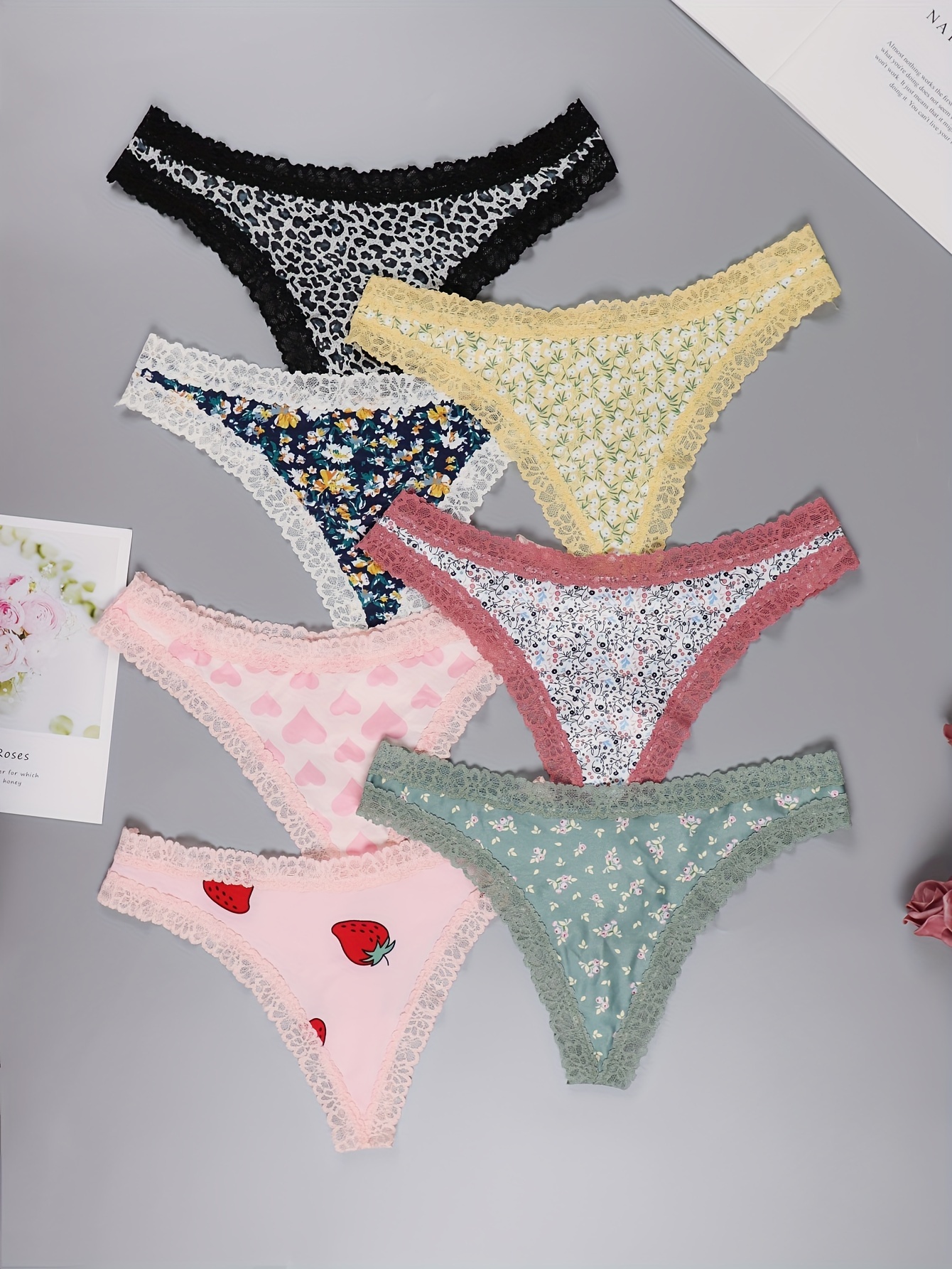 Floral Heart Print Thongs Soft Comfy Contrast Lace Intimates - Temu