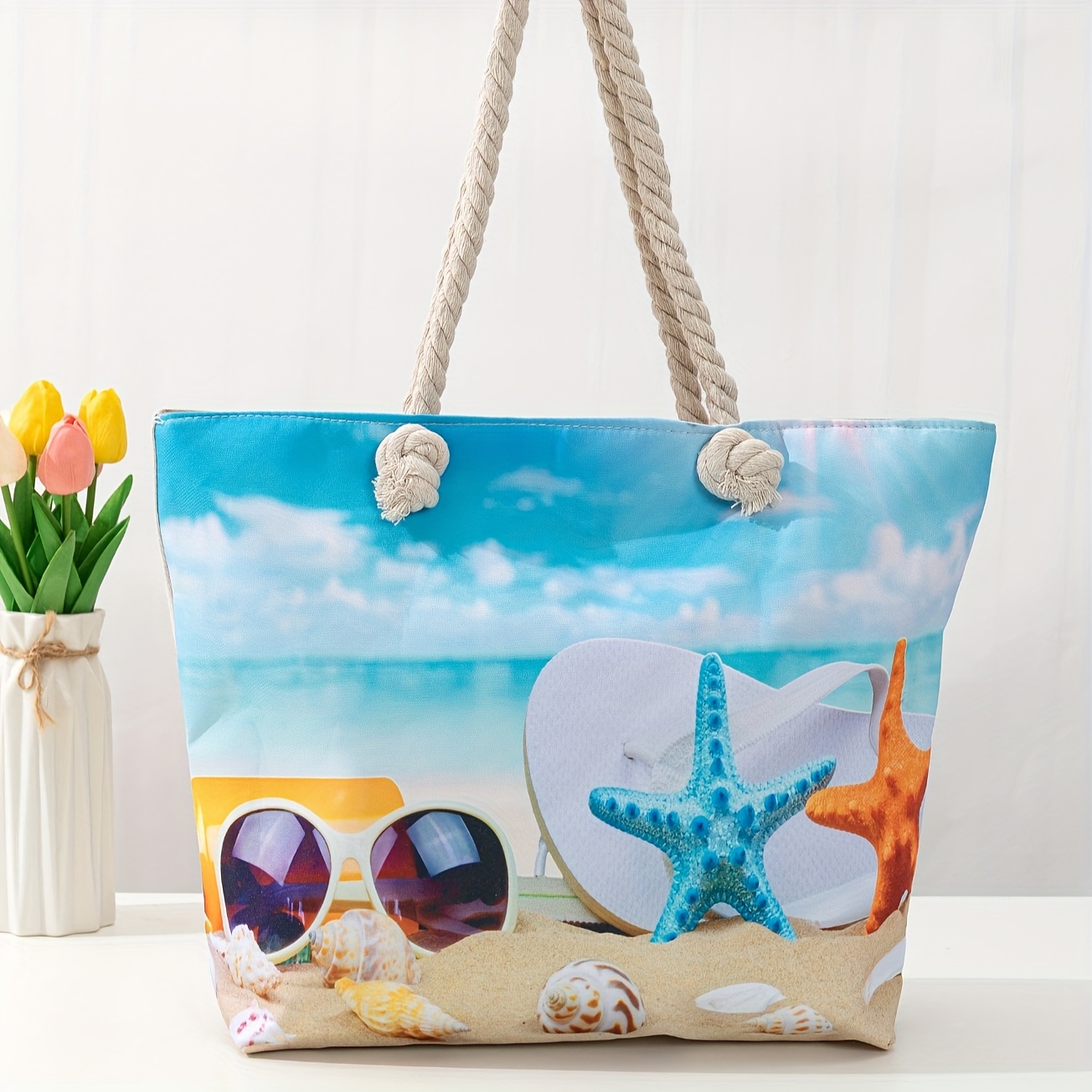 

1pc Tropical Style Large Capacity Linen Tote Bag For Women - Perfect For Beach, Travel, And Everyday Use