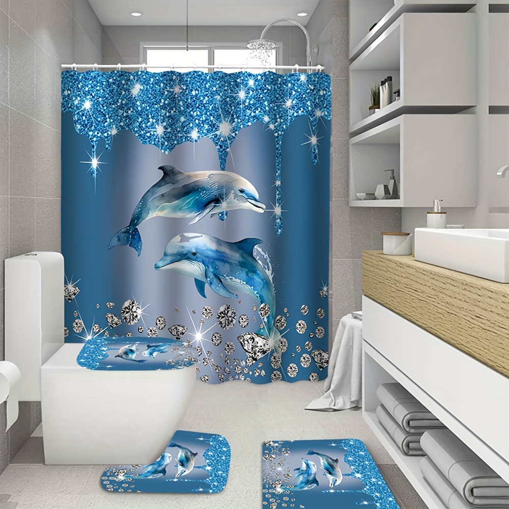 

1/4pcs Diamond Dolphin Printed Shower Curtain Set, Waterproof Bath Curtain With Hooks, U-shaped Mat, Toilet Cover Mat, L-shaped Mat, Blue Bathroom Accessories, Bathroom Decor, Home Decor