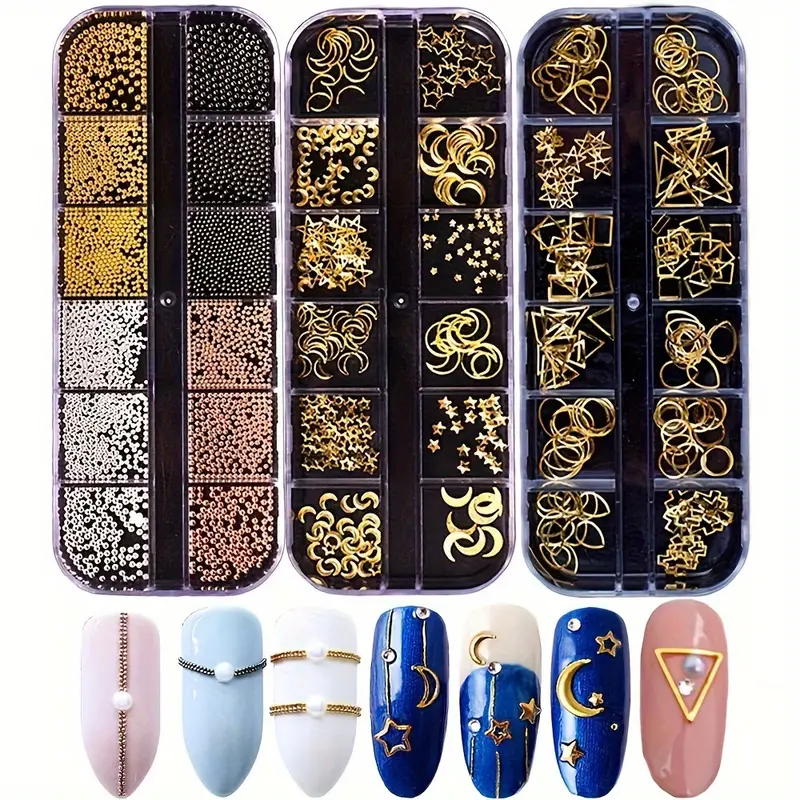 Xceedez Namotu 3D Nails Art Metal Charms Studs Jewels Decals Decorations Accessories 800+Pieces Gold Nail Micro Caviar Beads Star Moon Rivet Design