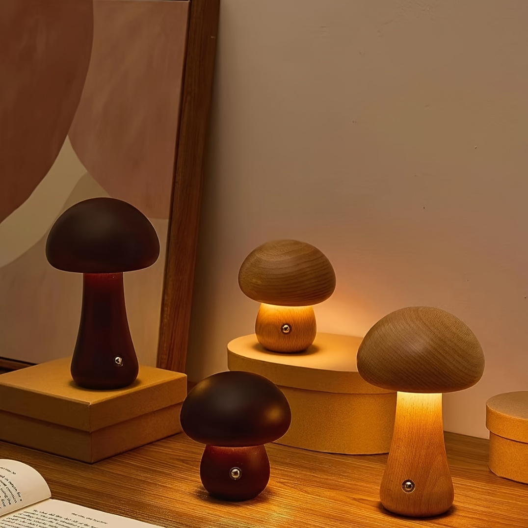 Led Creative Mushroom Table Lamp Wood Desk Lamp Bedroom - Temu