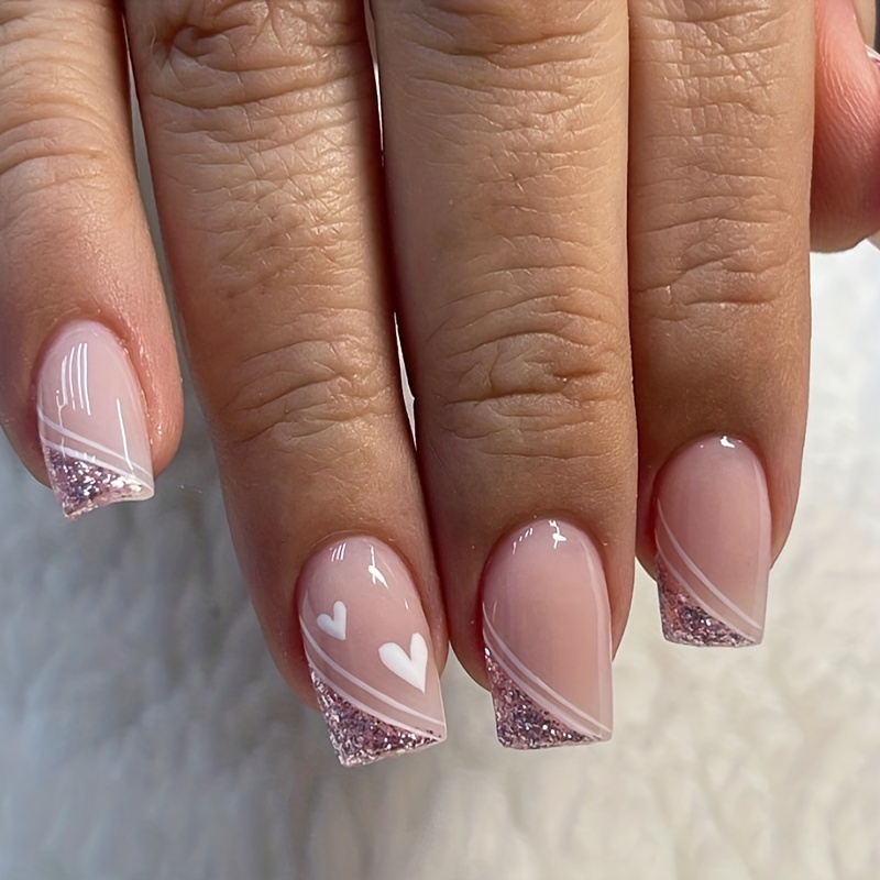 Coffin Short False Nail Glitter Pink French Press on Nails for
