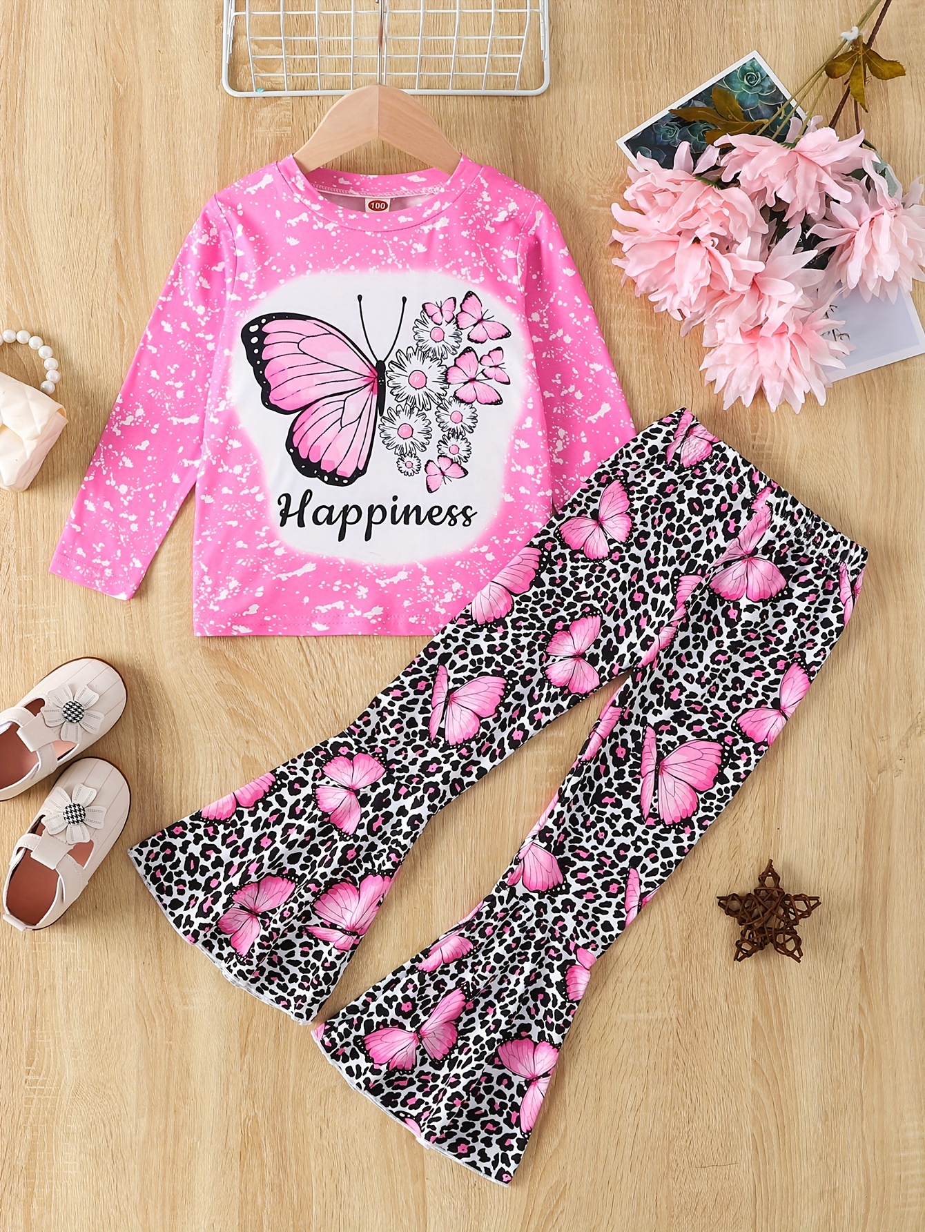 2pcs Kid Girl Butterfly Print One Shoulder Long-sleeve Tee and Leopard/Letter Print Leggings Set