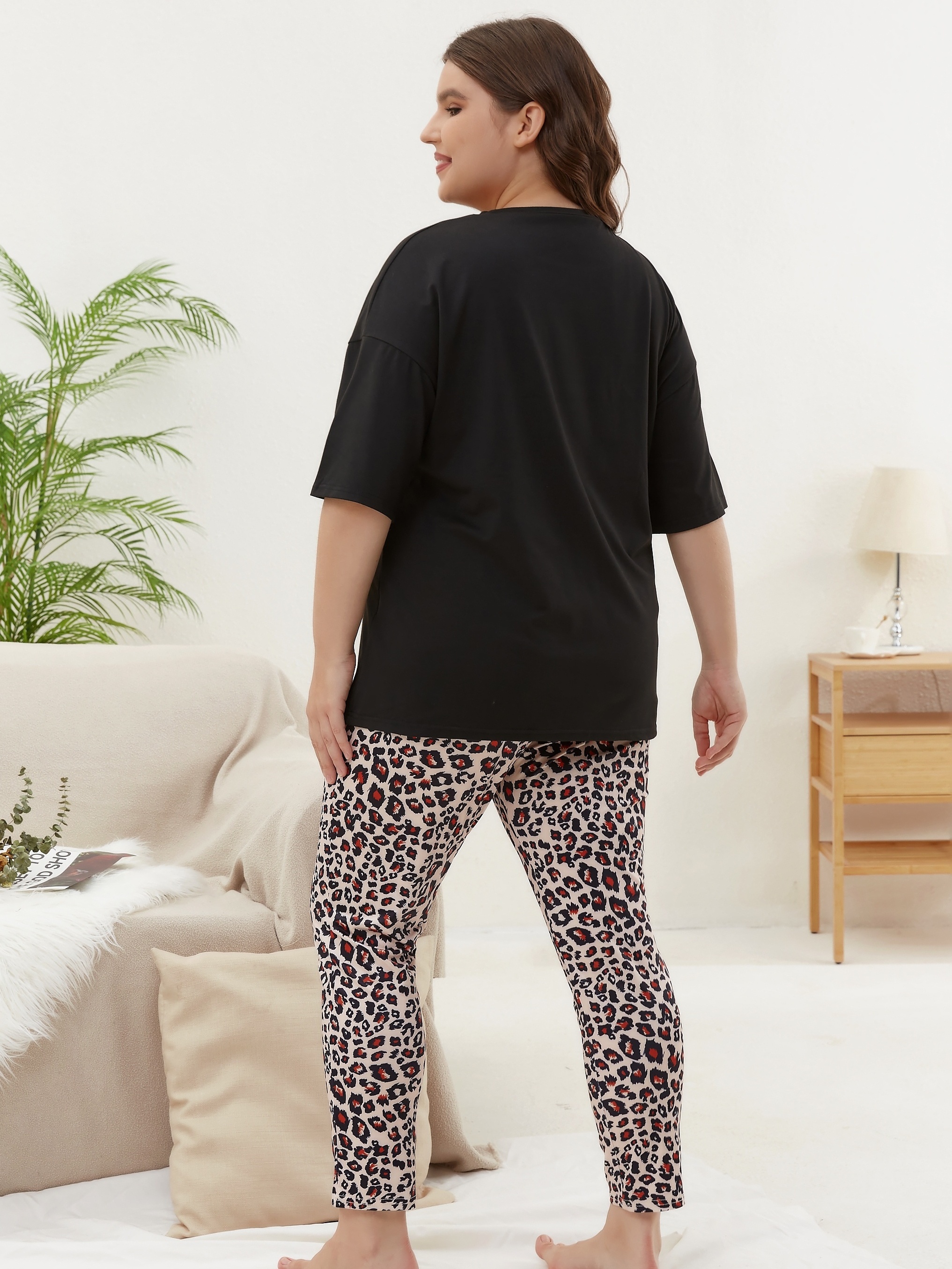 Leopard Print Pajama Set Short Sleeve Top & Pants