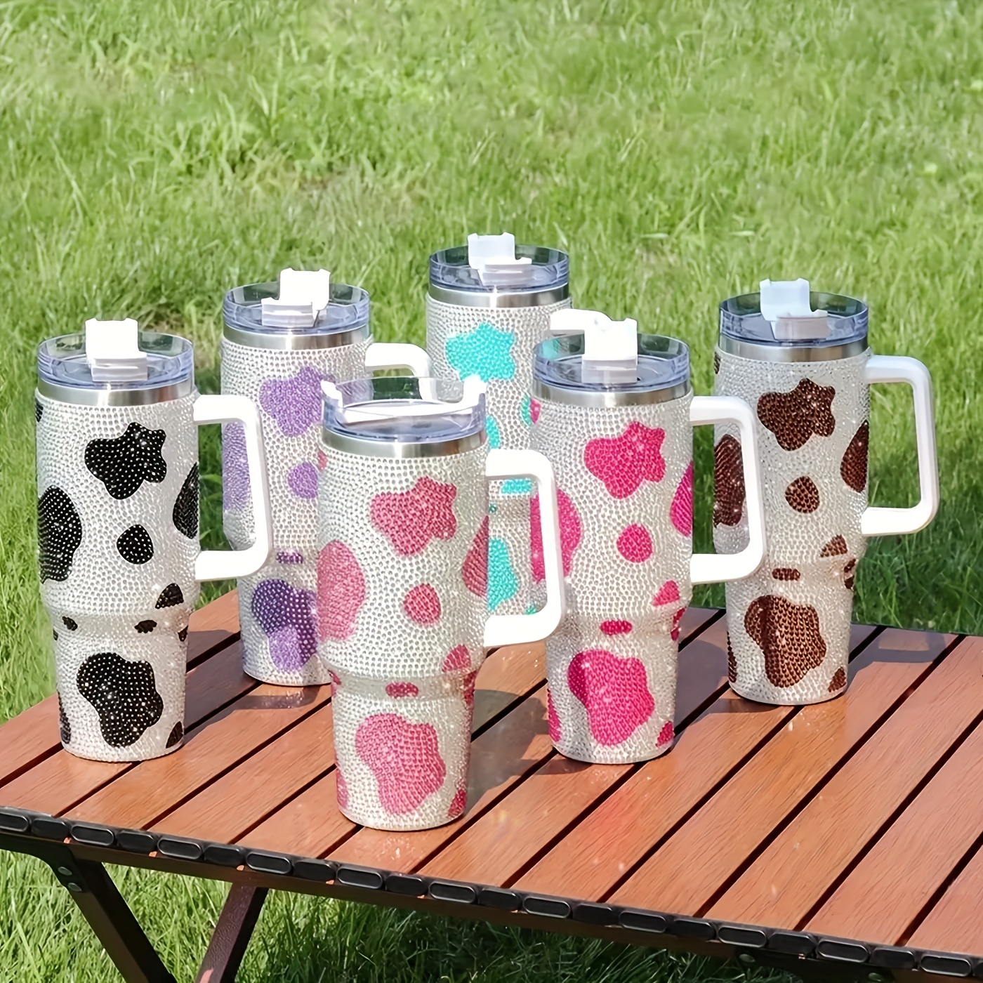 Cow Print Studded Tumbler With Lid And Straw, Stainless Steel