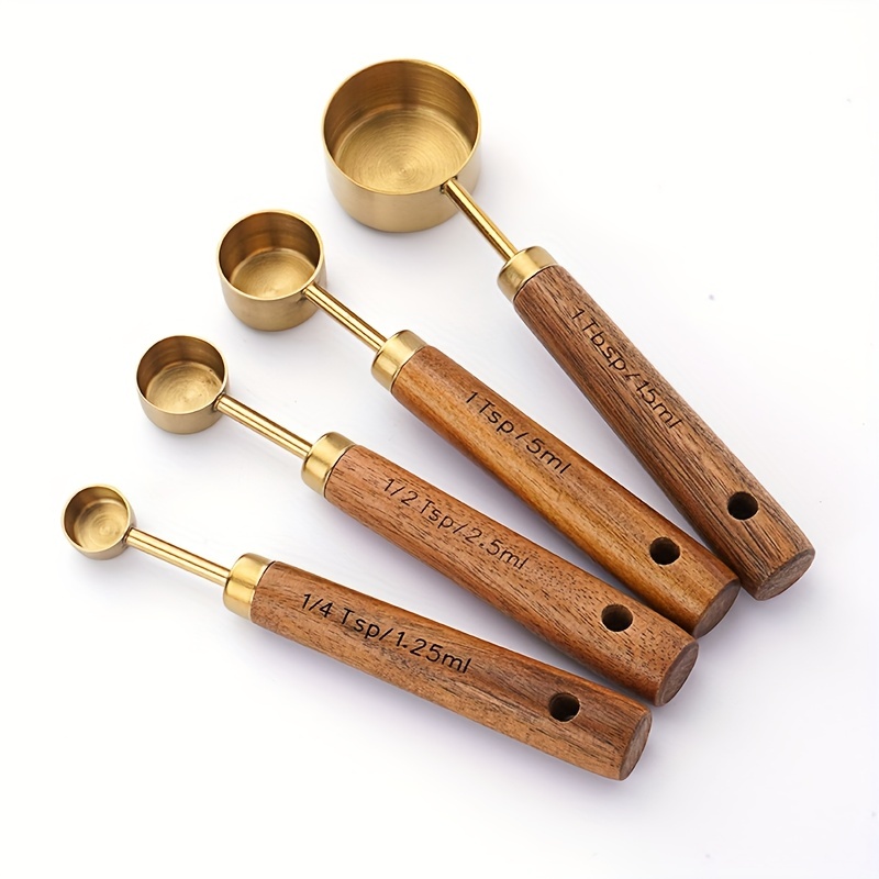 Stainless Steel Acacia Wooden Handle Measuring Cup And Measuring Spoon,  Baking Golden Scale Measuring Cup And Measuring Spoon Set, Kitchen Gadgets,  Cheap Items - Temu