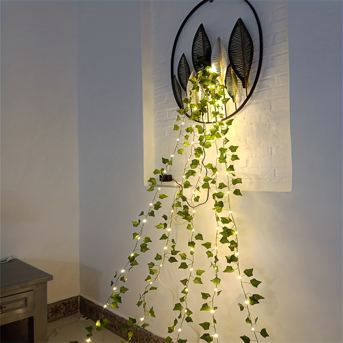 1pc fake rattan with lights ivy wreath with 100 led lights solar light with 8 modes suitable for bedroom room family garden wedding wall aesthetic decoration for halloween christmas new year decoration details 5