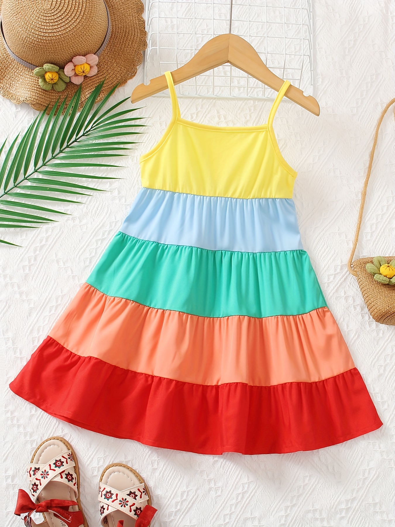 Girls Casual Rainbow Thin Strap Dress Clothes Summer - Temu