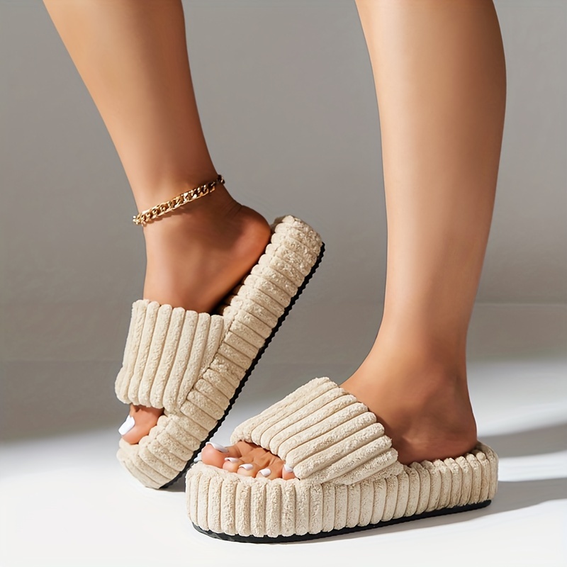 Women's Fuzzy House Slippers Open Toe Platform Casual Slides