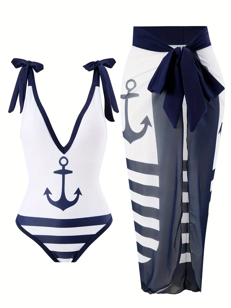 Hook Striped Print Swimsuits Bow Tie Shoulder Straps Tummy - Temu