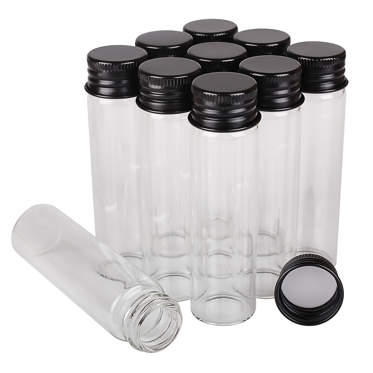 15 Pack 2 oz Glass Shot Mini Bottles w/ Black Lids & 15 Labels