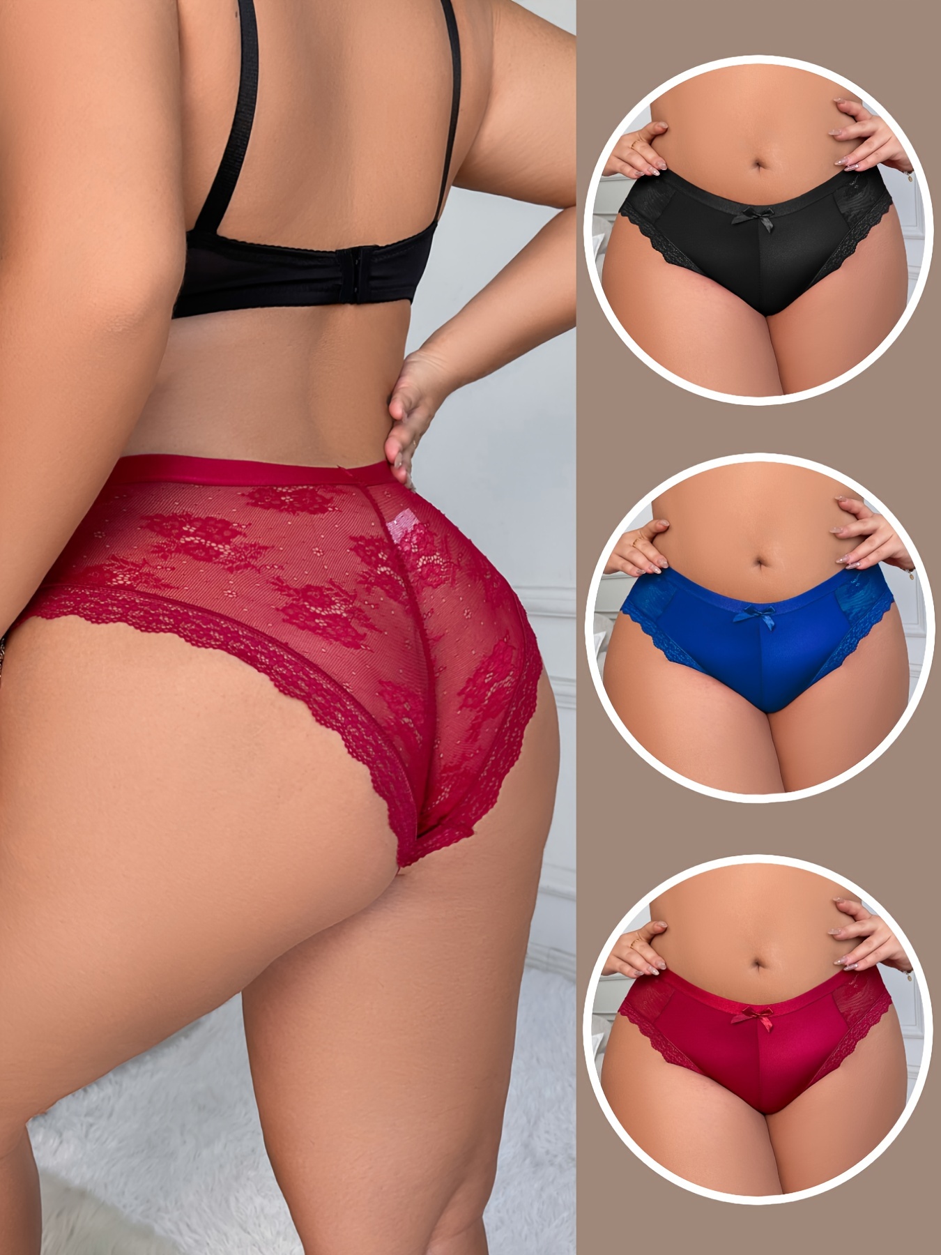 Women's Plus Size Sexy Panty Contrast Lace Solid Color - Temu