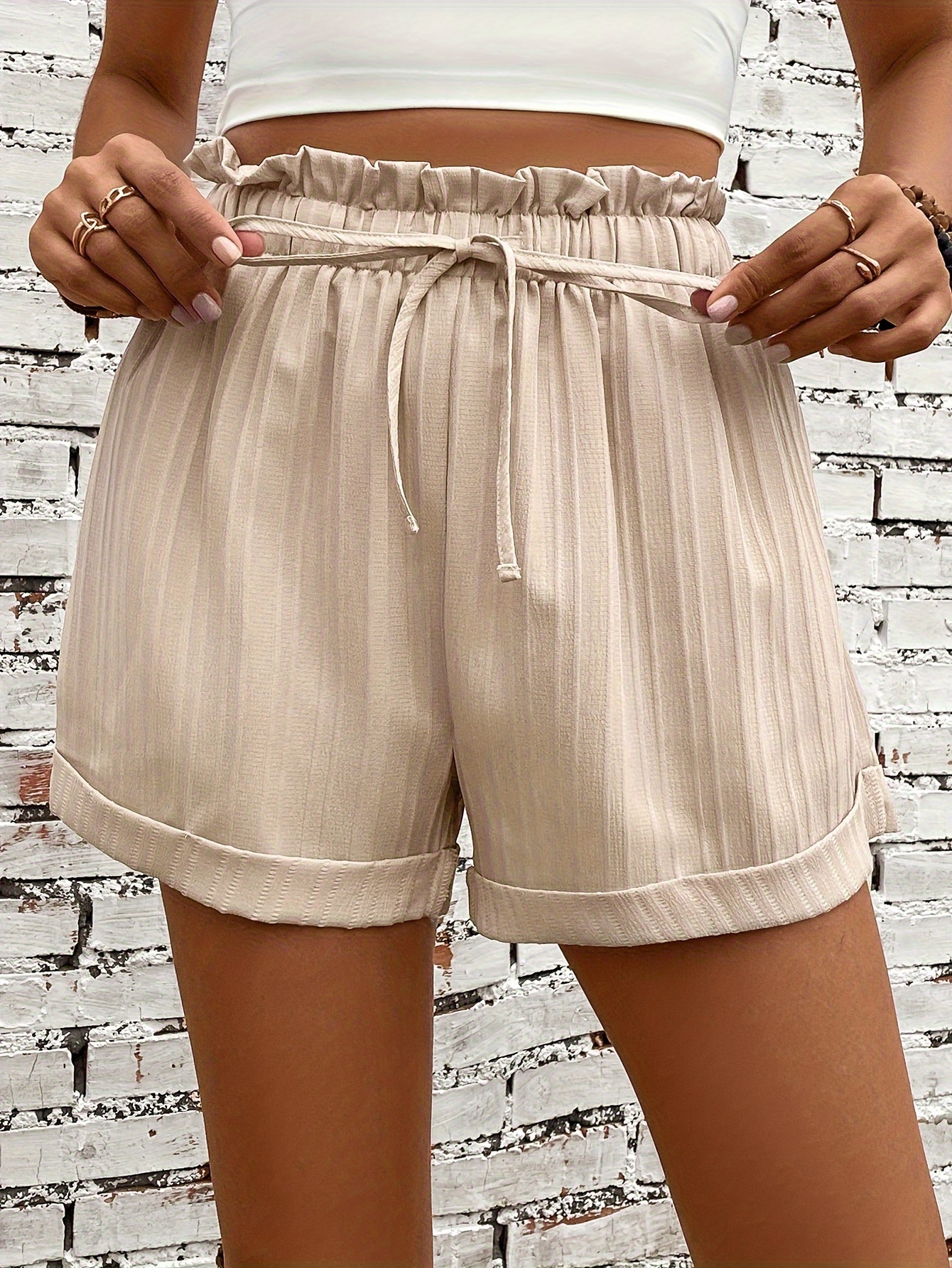 High Waist Textured Drawstring Short