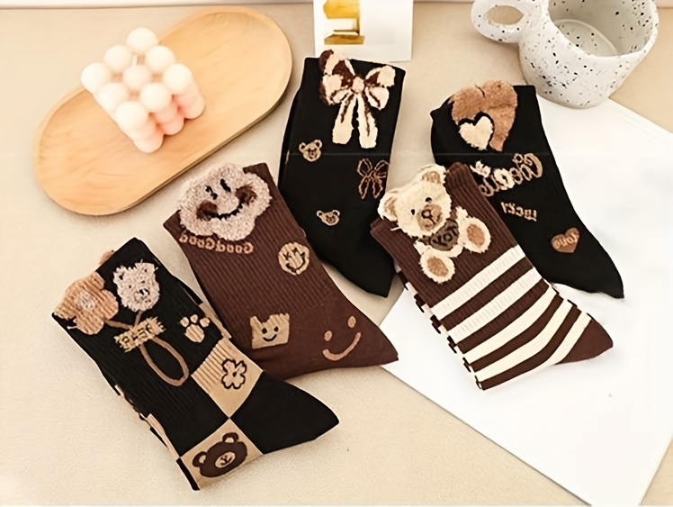 5 pairs bear bow print socks comfy warm mid tube socks womens stockings hosiery details 4