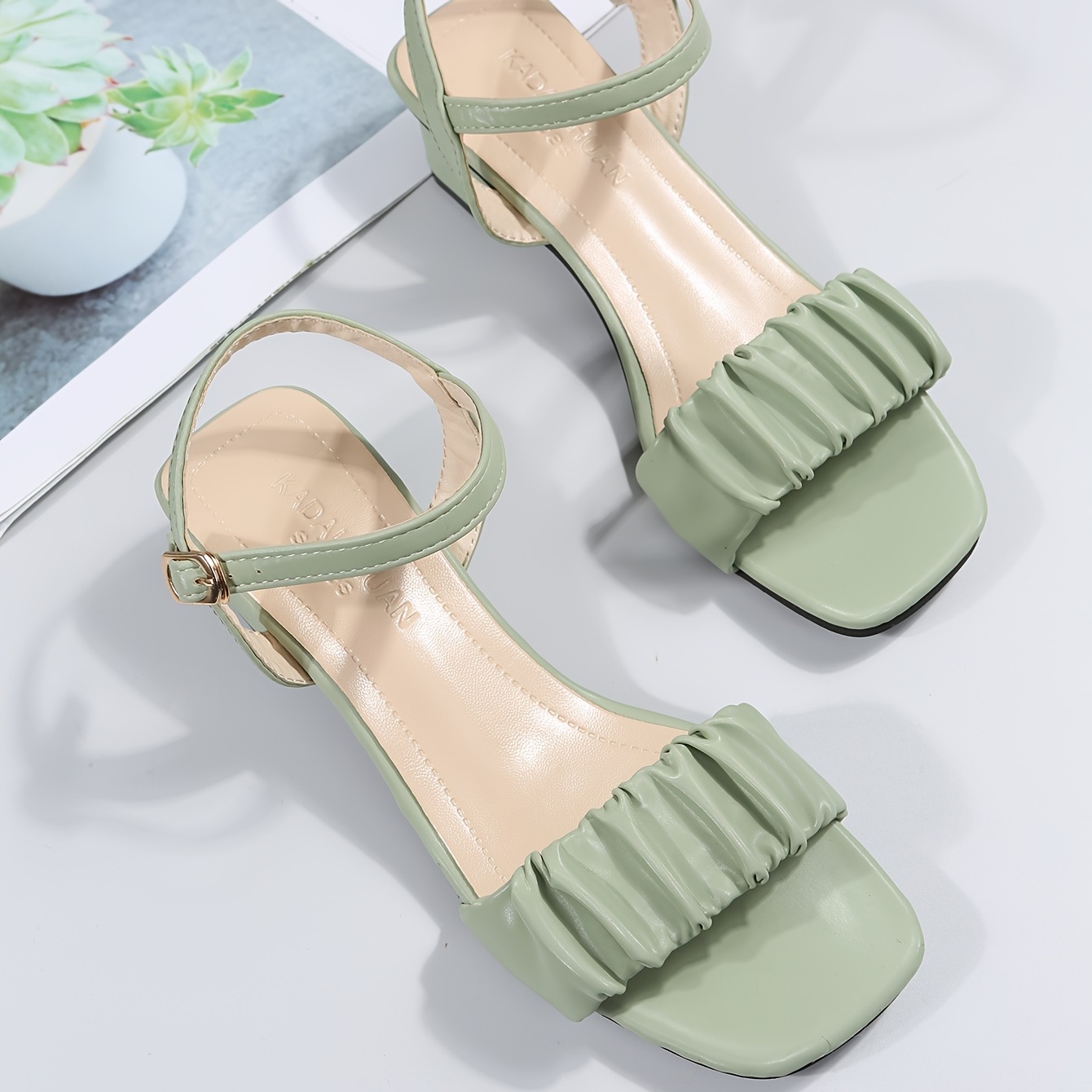 Women's Ruched Ankle Strap Block Heel Sandals, Solid Color Square Open Toe  Slingback Low Heels, Versatile Daily Wear Shoes