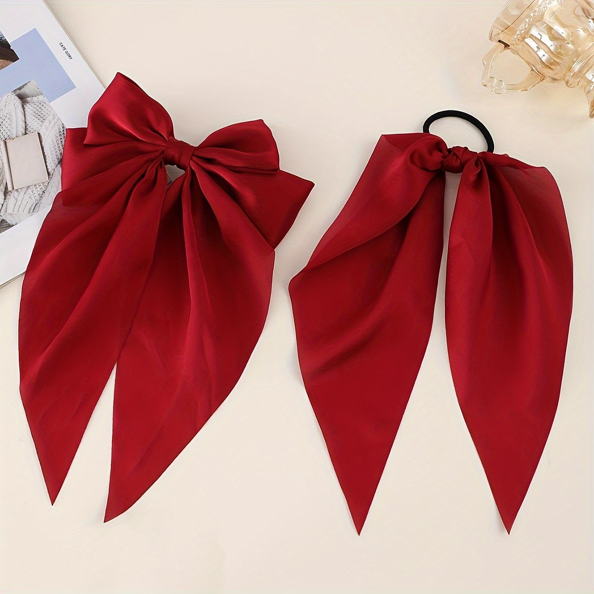 1pc Women's Velvet Long Ribbon Red Bow Hair Clip, Vintage Elegant