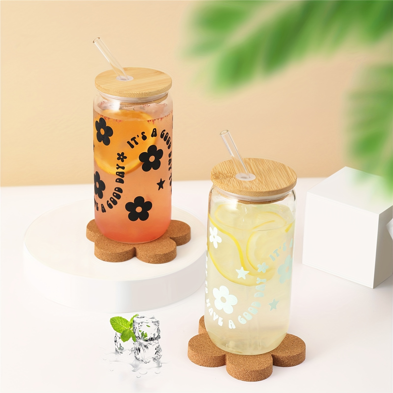 Flower Theme Glass Straw Cup Set ( Glass Cup + Mason Jar Lid +