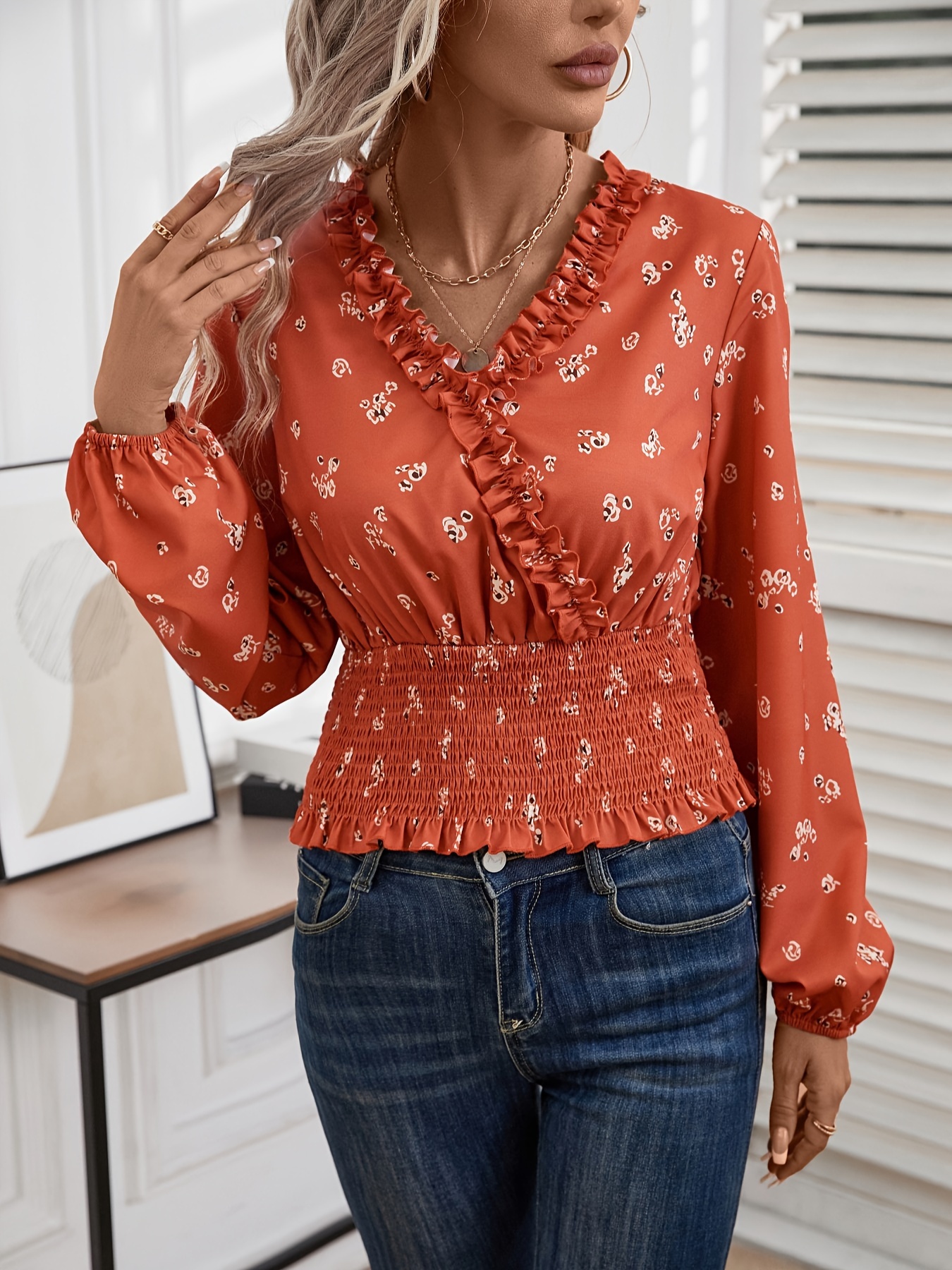 Ladies Floral Print Lantern Sleeve Blouse, V-Neck Long Sleeve Blouse,  Casual Every Day Tops, Women's Clothing
