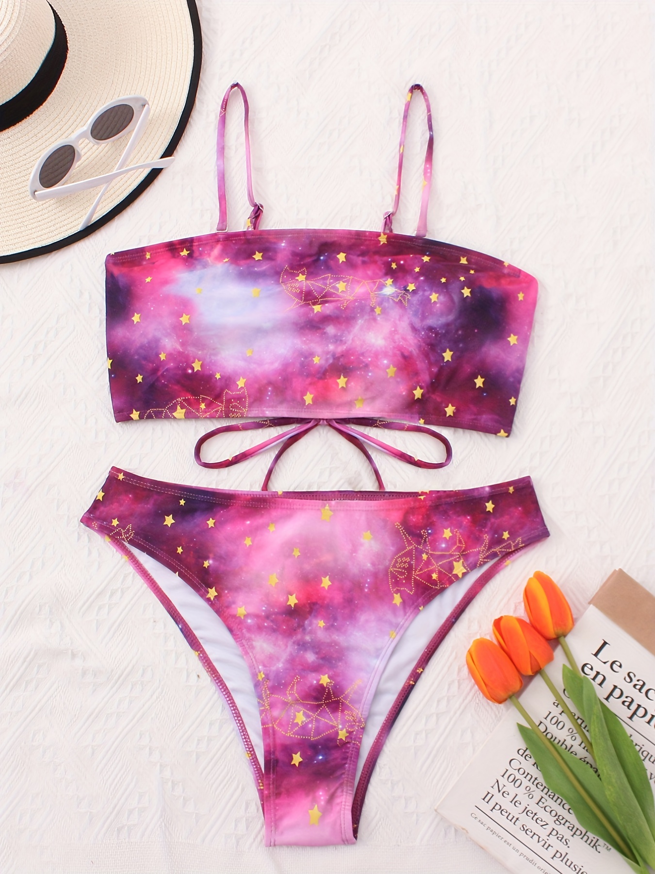Plus Size Galaxy Print Criss Cross Back Bikini Set, Women's Plus Sexy High  Stretch Swimsuit Set