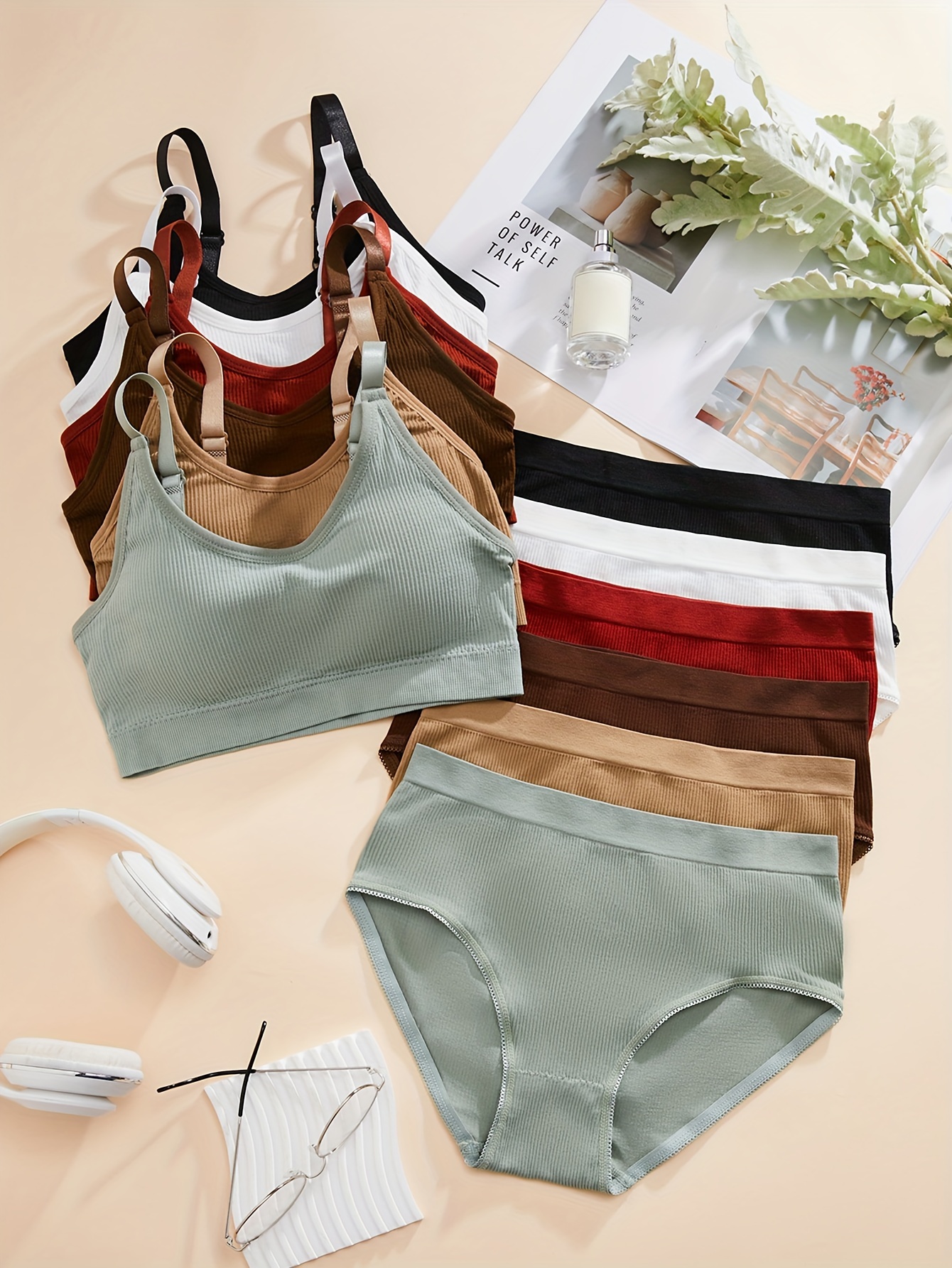 6sets Solid Ribbed Bra & Panty, Sporty Bra & Panties Lingerie Set, Women's  Lingerie & Underwear