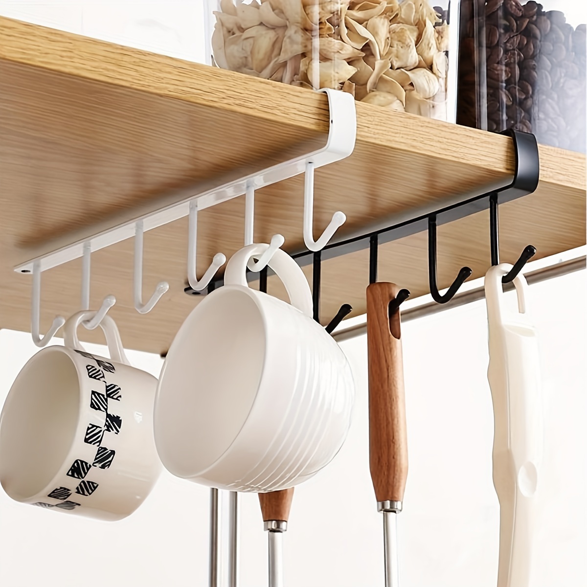 6 Hooks Cup Holder Hang Kitchen Cabinet Under Shelf Storage Rack