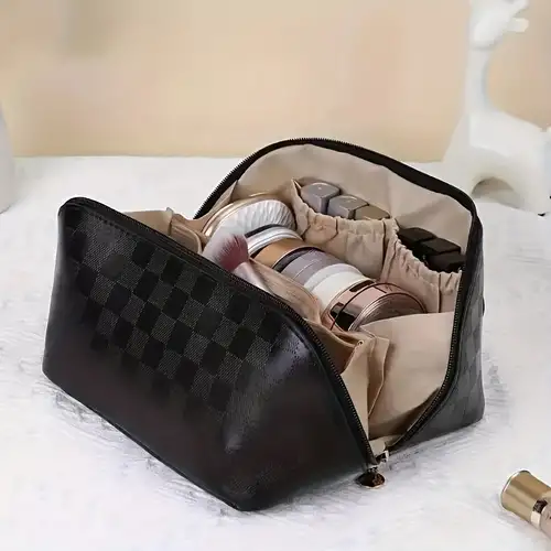 Checkered Pattern Cosmetic Bag Portable Travel Storage Bag Literary Makeup  Handbags, 24/7 Customer Service