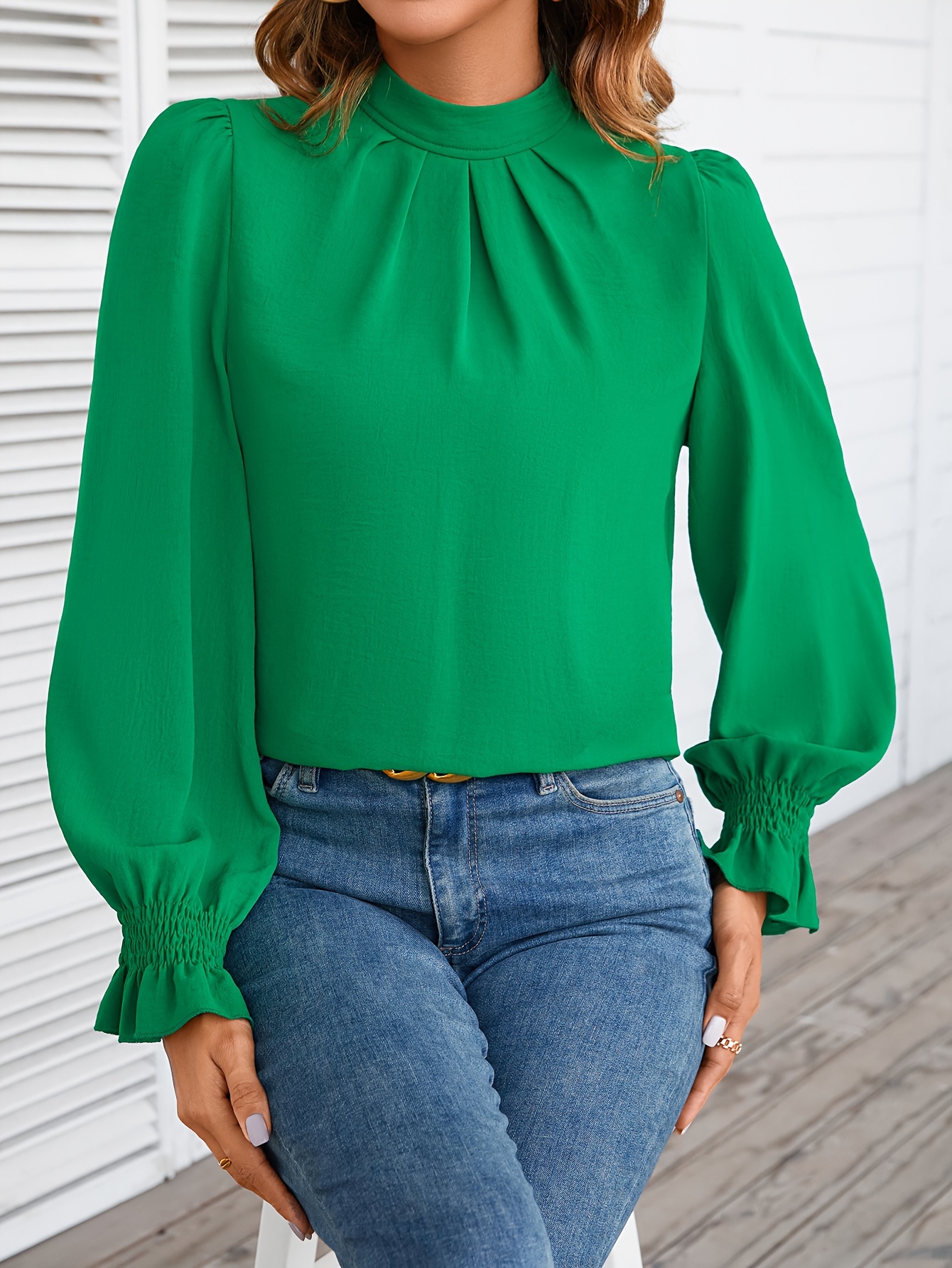 Solid Mock Neck Blouse Casual Long Sleeve Ruched Blouse - Temu Canada