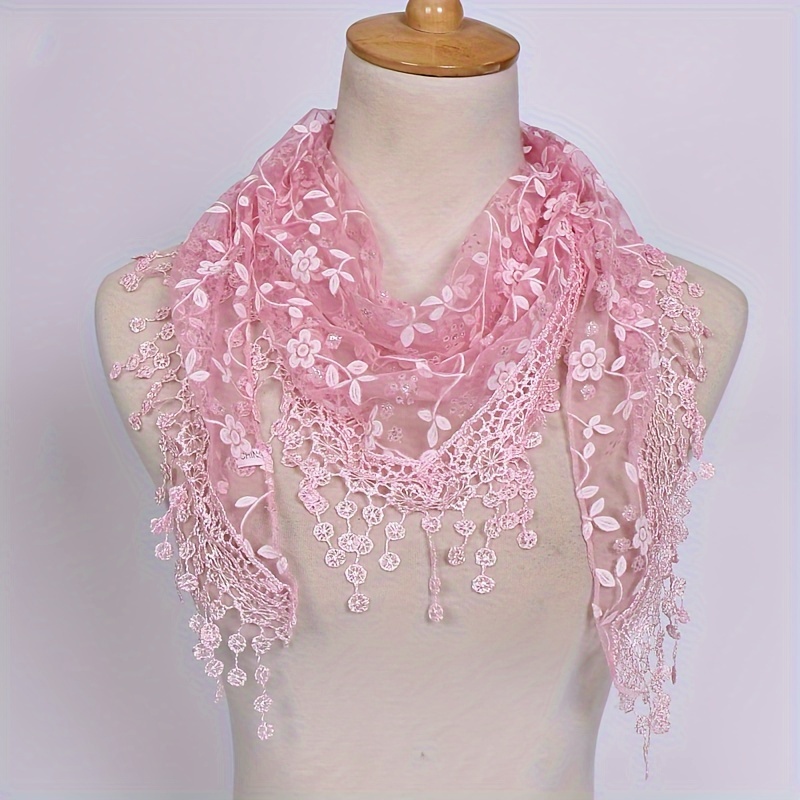 TEMU 1pc Women's Elegant Lace-trimmed Breathable Triangle Scarf Shawl - Solid Color Versatile Wrap For Casual , Machine Washable & Dry , Lace Scarf,