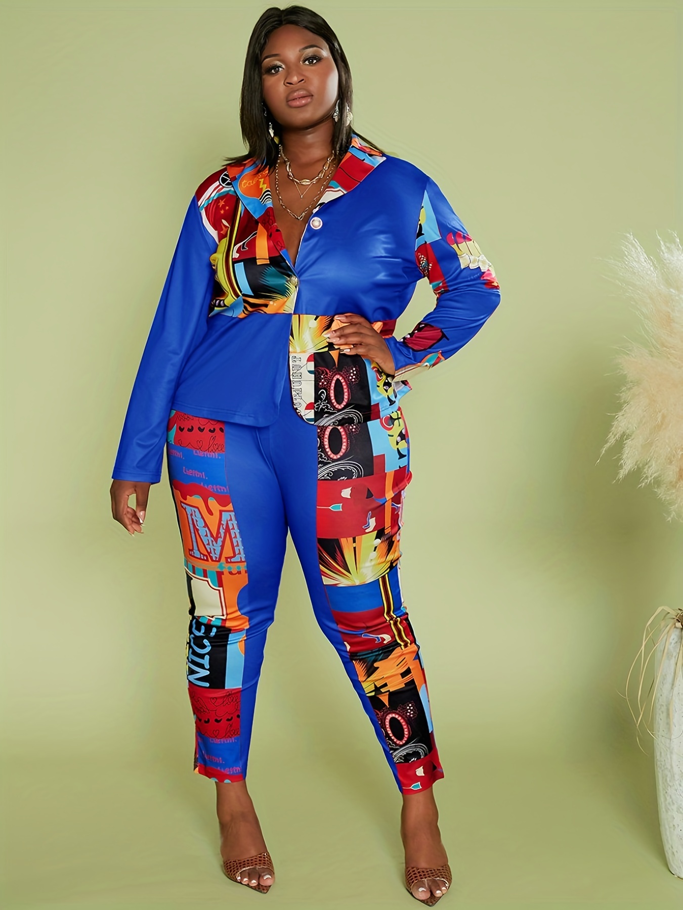 Plus Size Casual Outfits Two Piece Set, Women's Plus Graphic Print