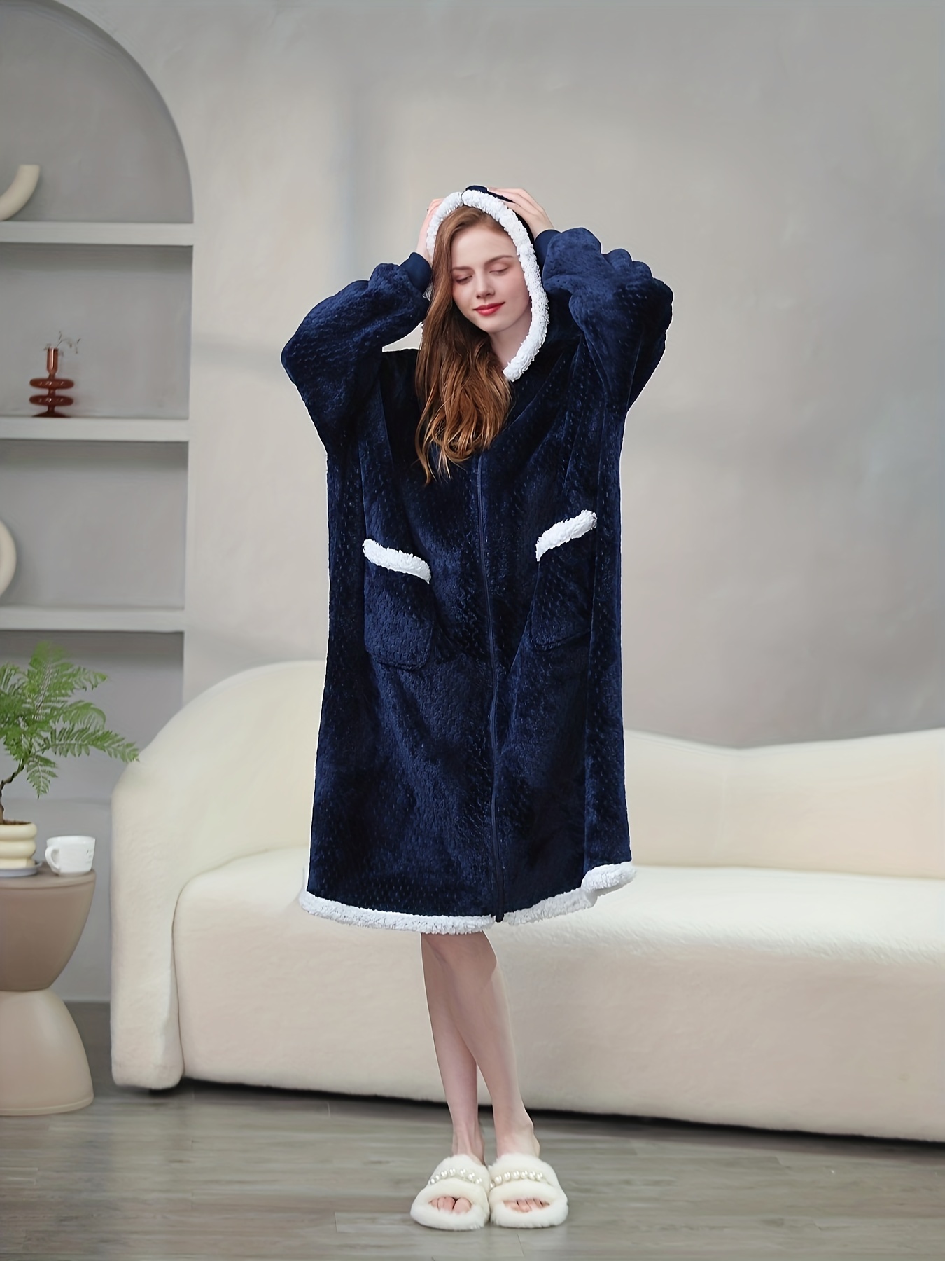 Colorblock Fuzzy Hooded Night Robe Long Sleeve V Neck Zip - Temu Canada