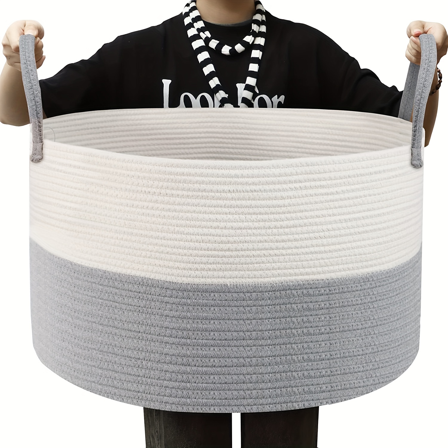 Mkono Cesta alta de mimbre para lavandería, cesta de almacenamiento  decorativa de cuerda natural, decoración de cuentas de madera para mantas